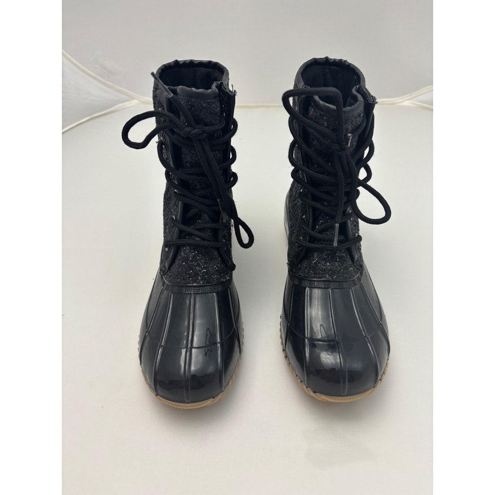 Sugar Black Glitter Duck Boots Lace Up Waterproof Rain Winter FSF603 Womens 6M